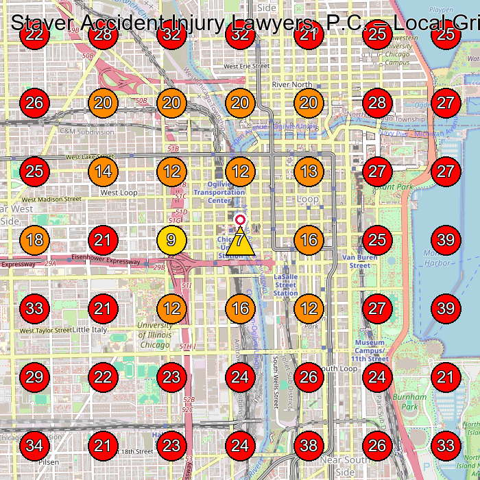 Staver Accident Injury Lawyers, P.C. GeoGrid visibility map for Personal Injury Attorney in Chicago